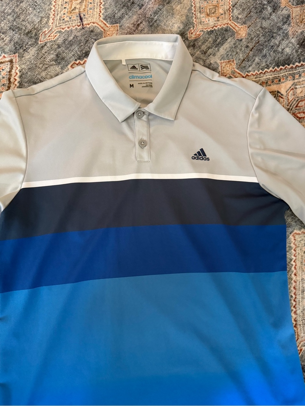 adidas Men’s Light Gray and Blue Striped Climacool Polo